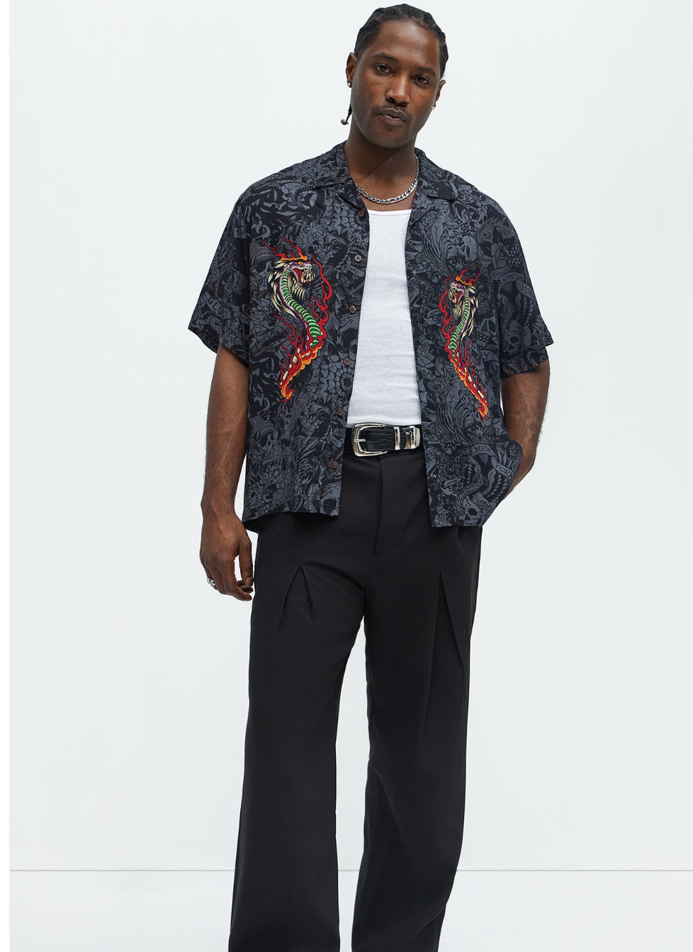 Ed Hardy Regular Fit Cobra Flame Button Up Shirt