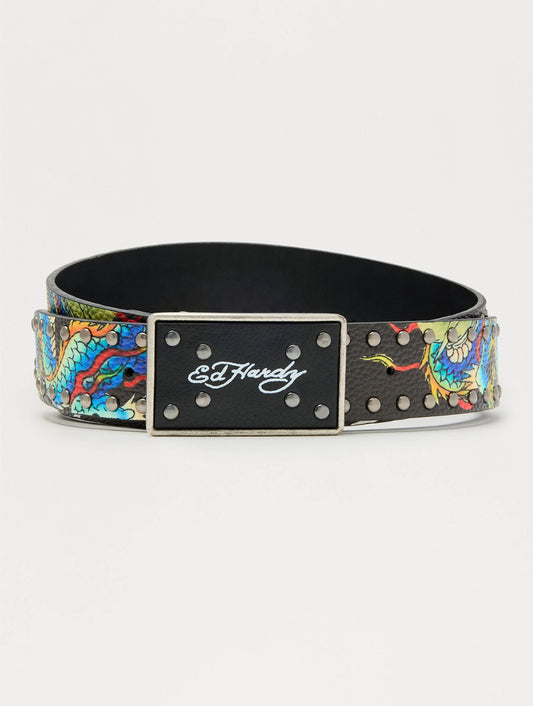 Ed Hardy Dragon Faux Leather Studded Belt