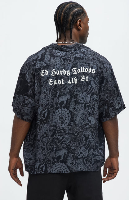 Ed Hardy Regular Fit Cobra Flame Button Up Shirt