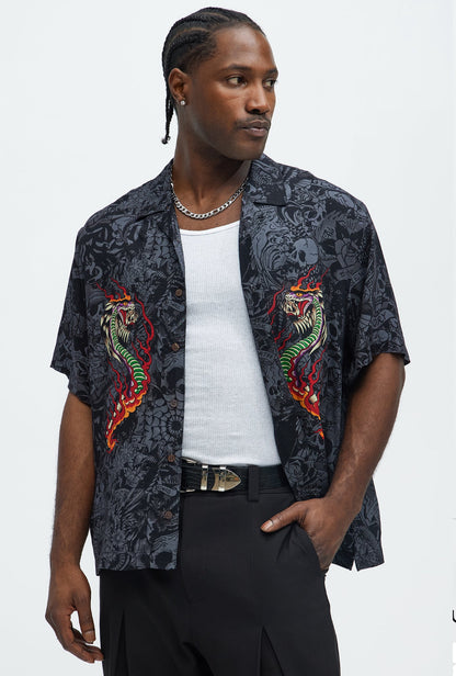 Ed Hardy Regular Fit Cobra Flame Button Up Shirt